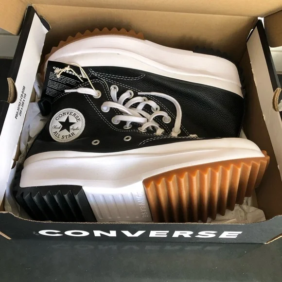 Chuck Taylor Converse Black and White Leather Unisex High-Top Sneakers. NEW! - Picture 10 of 11